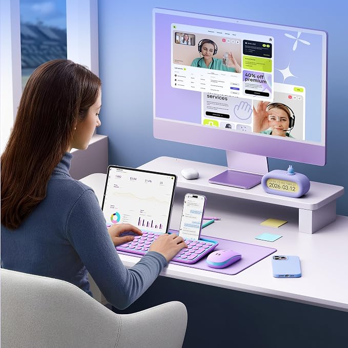 seenda Bluetooth Keyboard and Mouse for iPad, CTU-301 Wireless Multi-Device Connection Bluetooth+2.4G Keyboard Mouse Combo with Tablet Holder for iPad/Macbook/Windows, iOS/Android/Phone, Blue & Purple