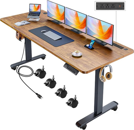Electric Standing Desk with Wheels, 63'' x 24'' Standing Desk Adjustable Height with Charging Station, 2 USB Ports, 3 Power Outlets, 4 Caster, 27''-46'' Lifting Range Stand up Desk(Brown)