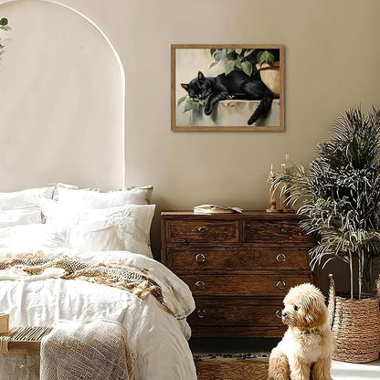 Framed Black Cat Wall Art, Vintage Sleeping Cat Picture Wall Decor, Cute Animal Poster Canvas Prints, Rustic Plant Paintings Artwork for Living room Bedroom Bathroom Decor – 12x16 inch