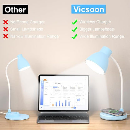 Desk Lamps for Home Office - LED Desk Lamp with Wireless Charger, 3 Color Modes Dimmable Eye-Caring Study Reading Desk Light, Small Flexible Arm Table Lamp for College Dorm Room Bedside, Blue