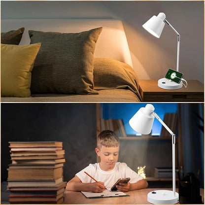 Anxingtools LED Desk Lamp with Dual USB Charging Ports, 100% Metal, 270° Swivel Arms, Soft White Light (3000K), Bedside Reading Lamp, Home Office Lamp(White)