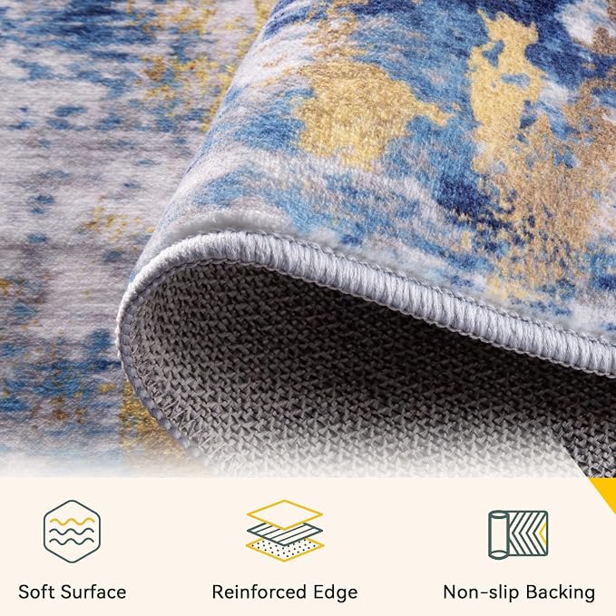 RELEANY Washable Area Rugs 3x9 Non-Slip Modern Abstract Soft for Living Room Entryway Bedroom Kitchen, Print Pattern, Grey Blue Gold/Golden