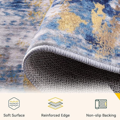 RELEANY Washable Area Rugs 4'x5' Non-Slip Modern Abstract Soft for Living Room Entryway Bedroom Kitchen, Print Pattern, Grey Blue Gold/Golden