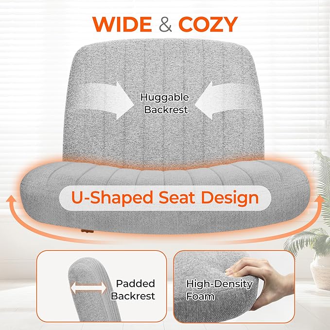 Orange Factory Criss Cross Chair Wheels Wide Cross Legged Office Desk Vanity Chair Comfy Fabric Armless Adjustable Swivel for Home Computer Task (Grey Wheel, Fabric)