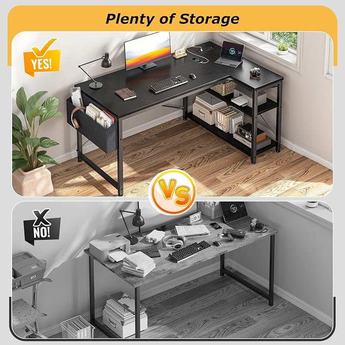 EnHomee Office Desk with Outlet,Power Home Office & Study Electronic Gear | Reliable Power Supply for Study & Electronic Device,Reversible Shelves & Side Bag,Convenience for Small Space, Black