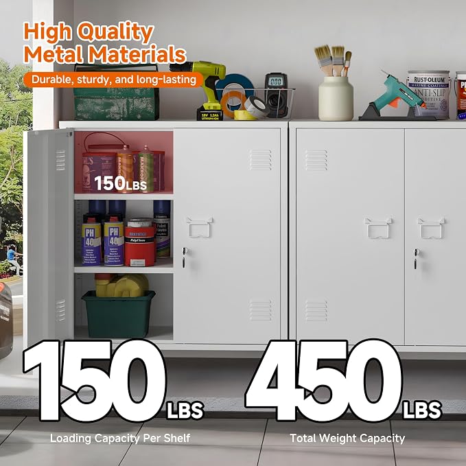 Metal Storage Cabinet 35.4”H Lockable Storage Cabinet (White) | With 2 Adjustable Shelves and Doors, White Small Storage Cabinet for Home Warehouse Office Garage