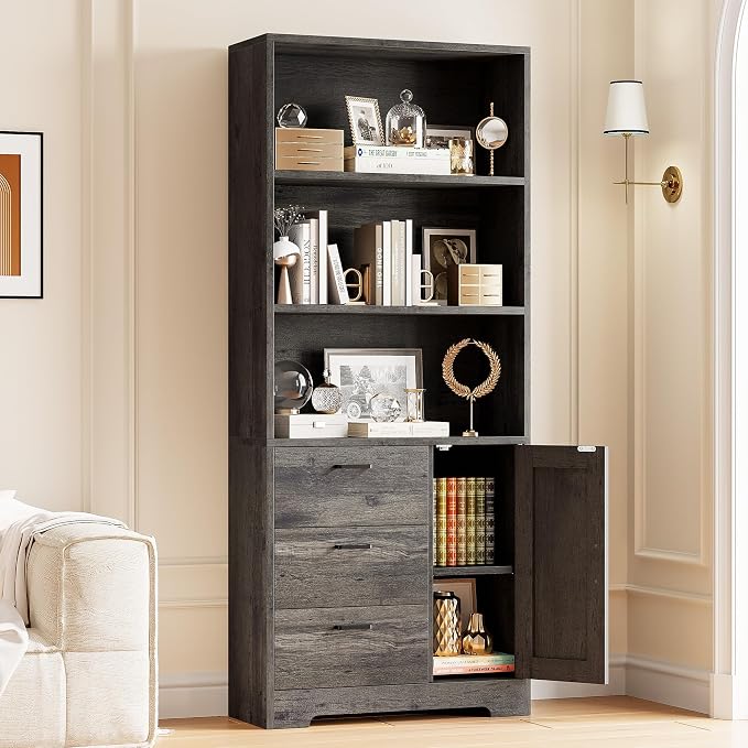IRONCK Bookshelf with Doors and 3 Drawers 71 in Tall Bookcase with 3-Tier Shelves, Industrial Book Shelf with Storage for Living Room Entrance Hallway Home Office