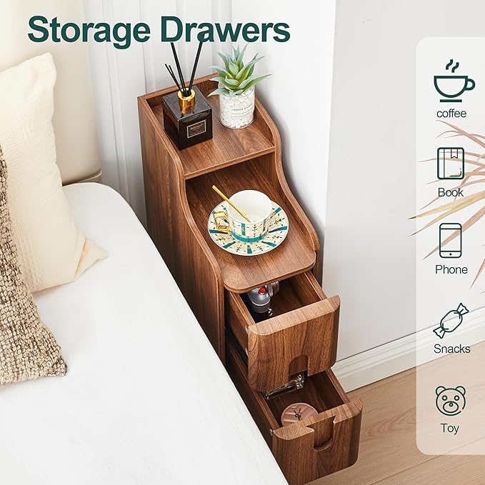 Narrow End Table Living Room, Wooden Small 2 Drawer Nightstand Bedroom, Thin Couch Side End Table, Vintage Skinny Bedside Table Small Spaces, Mid Century Modern Night Stand with Drawers (Walnut-1 pc)