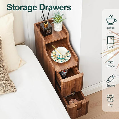 Narrow End Table Living Room, Wooden Small 2 Drawer Nightstand Bedroom, Thin Couch Side End Table, Vintage Skinny Bedside Table Small Spaces, Mid Century Modern Night Stand with Drawers (Walnut-1 pc)