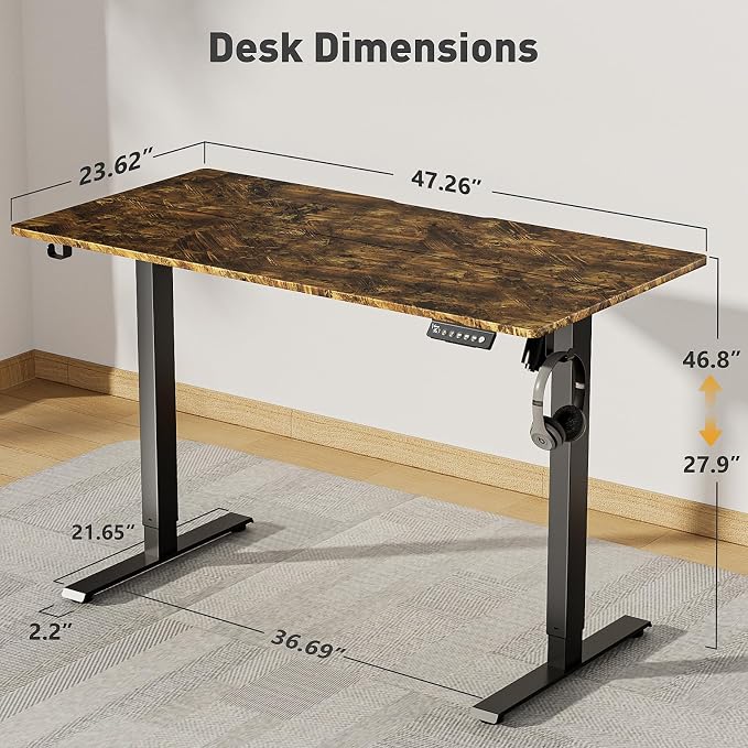 48x24 in Electric Standing Desk,Adjustable Height with Wheels,Brown | Spliced Desktop,27.9"–46.8" Height Range,4 Memory Presets,Lockable Wheels,Headphone Hook,Sit Stand Desk,Home Office