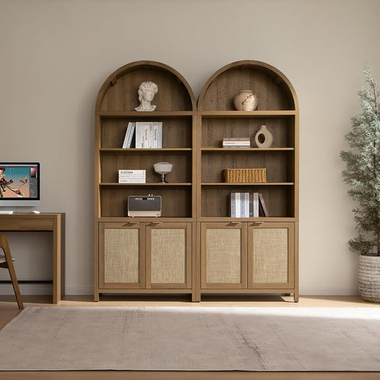 SICOTAS Book Shelf Arched Cabinet Bookshelf Arch 84.2" Tall Bookcase 5 Tier Large Bookshelves with Doors Storage Rattan Boho Wide Book Shelves Case for Living Room Kitchen Office Library