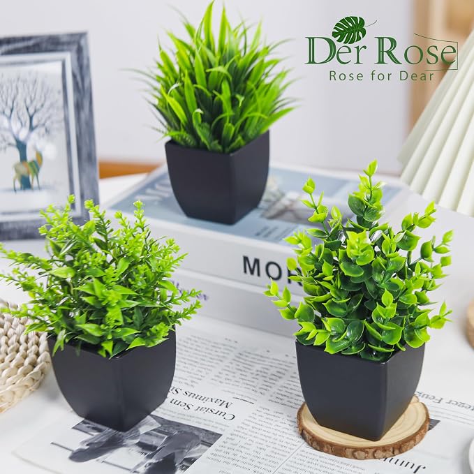 Der Rose 4 Packs Fake Plants Small Artificial Mini Faux Plants for Bathroom Home Office Shelf Black Decor Indoor