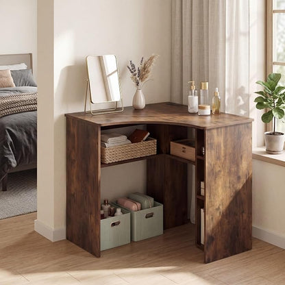 Giantex Corner Desk, Triangle Computer Desk with Charging Station, Open Storage Shelves and Curved Edge, Industrial Space Saving Writing Desk for Small Spaces, Home Office, Bedroom
