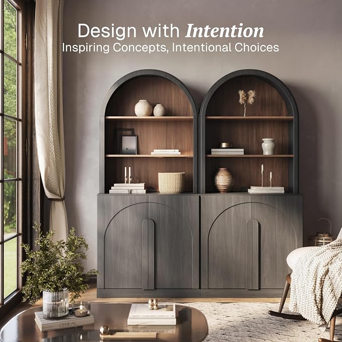 BELLEZE Set of 2 71"Tall Storage Cabinet with Arched Hutch, Wooden Sideboard Buffet Cabinet with Adjustable Shelves for Pantry Organizing, 5-Tier Modern Storage Unit for Living Room Home Office, Ebony