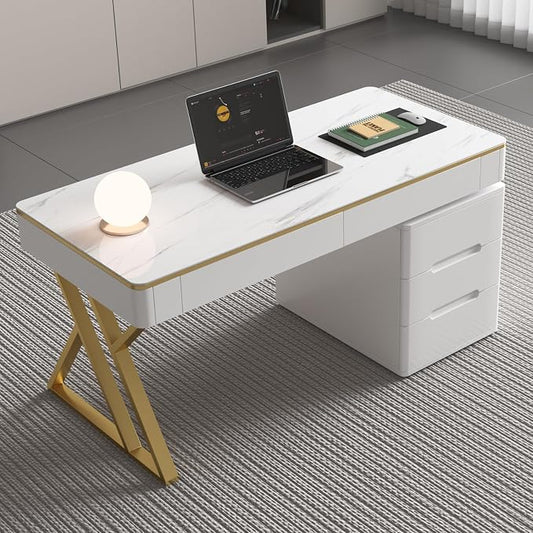 Wooden Computer Office Desk with Drawers for Home Office - White Gaming Desk with Tempered Glass Top - Thickened Lacquered PC Desk and Writing Desk - Escritorios para Computadoras (Z-105)