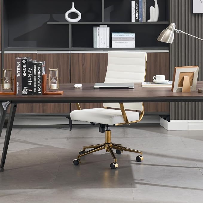 Okeysen Gold Office Desk Chair, Ergonomic Leather Modern Conference Room Chairs, Executive Ribbed Height Adjustable Swivel Rolling Golden Chair for Home Office.