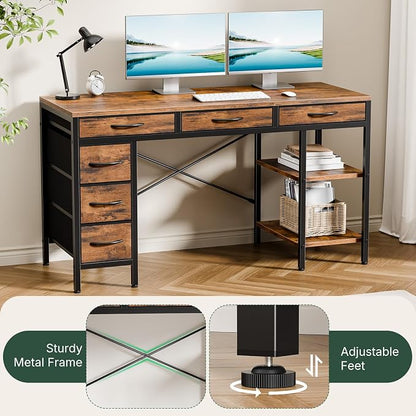 55" Computer Desk with 6 Drawers, Home Office Gaming Desks with Storage Shelves for Bedroom, Writing Study Corner Living Room Work Table Brown