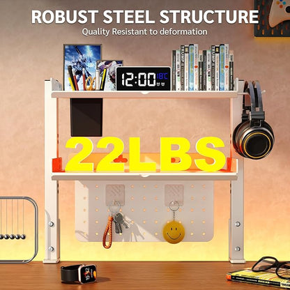 2-Tier Steel Clamp On Desk Shelf, Adjustable 16 inch Desk Storage Shelves with Pegboard and Pencil Holder,Above or Under Heavy Duty Desktop Organizer with Headphone Holder for Desk Accessories (White)