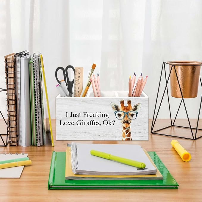Giraffe Gifts Pen Holder for Desk, Funny Cute Wild Animal Pencil Organizer, Giraffe Gifts for Women, I Just Freaking Love Giraffes Wooden Pen Holder Desk Accessories Decor for Home Office