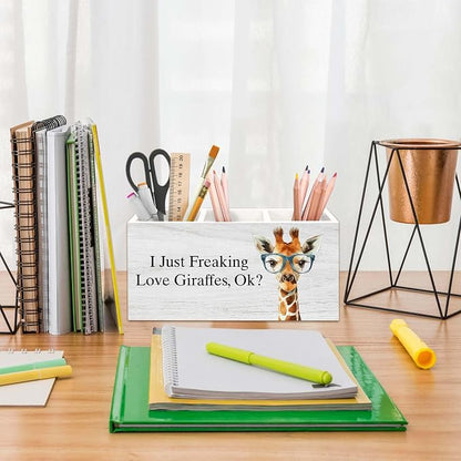 Giraffe Gifts Pen Holder for Desk, Funny Cute Wild Animal Pencil Organizer, Giraffe Gifts for Women, I Just Freaking Love Giraffes Wooden Pen Holder Desk Accessories Decor for Home Office
