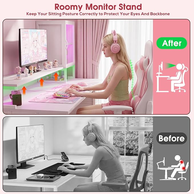 DurayLoly 55" White Computer Desk with 2 Acrylic Cabinet & 3 Fabric Drawers | Integrates Ample Storage & Display, Great Fit for Small Spaces, Outlets Suitable for Studying, Working & Gaming Equipments
