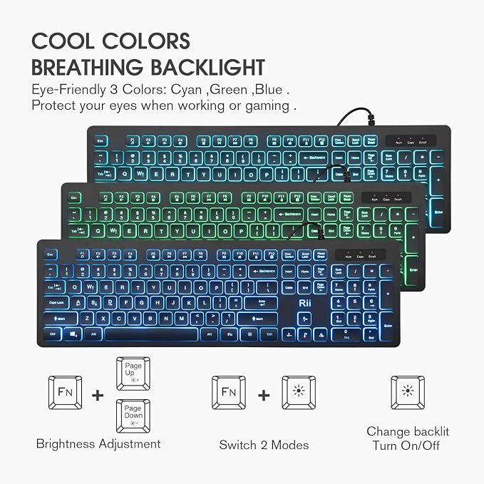 Rii Three Colors Backlit Keyboard and Mouse, Wired Keyboard and Mouse Combo, USB Keyboard and Mouse Set,Quiet Input Gaming Keyboard,Optical RGB Mouse for School,Office,Business and Gaming