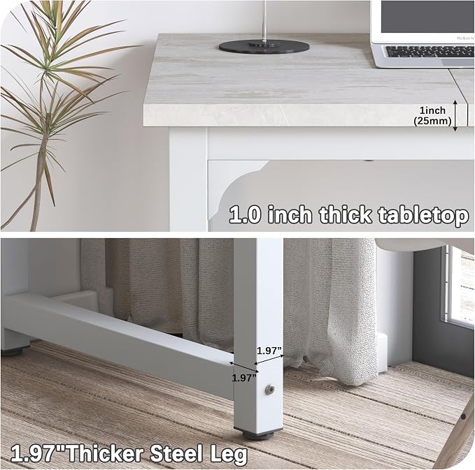 NSdirect 63" Large Computer Desk,Modern Simple Style PC Table Office Desk Wide Workstation for Study Writing,Gaming and Home Office,Extra 1" Thicker Wooden Tabletop and Black Metal Frame,Stone White