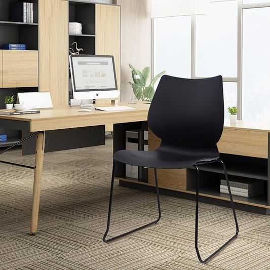 KLASIKA Stackable Waiting Room Chair, Stacking Office Chair with Ergonomic Lumbar Support and Metal Legs, Plastic Desk Chairs for Conference School Church Guest Reception Set of 8, Black