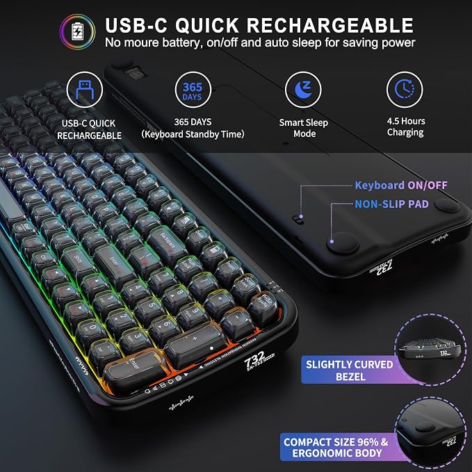 FOPETT Wireless Computer Keyboard with RGB Backlit, Tri-Mode Bluetooth 5.0/USB-C/2.4GHz Gaming Keyboard, Full Size Layout, Ergonomic Curved Design for Windows Mac PC Gamers & Office-Black