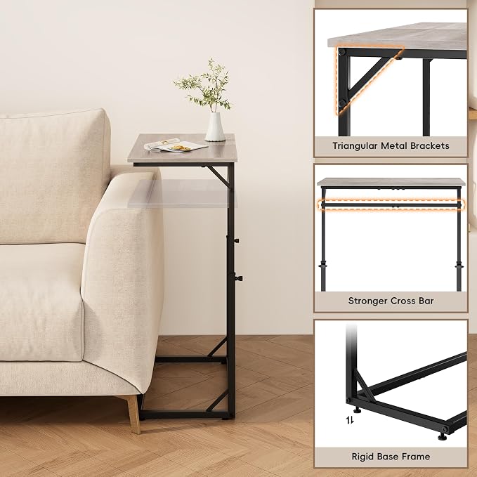 Vagusicc C Shaped End Table, 33.5"Tall Side Table for Couch, C-Table Sofa Table Adjustable Height Side Table, Large Surface Slide Under Couch Table, Coffee Table TV Tray for Living Room, Bedroom, Grey