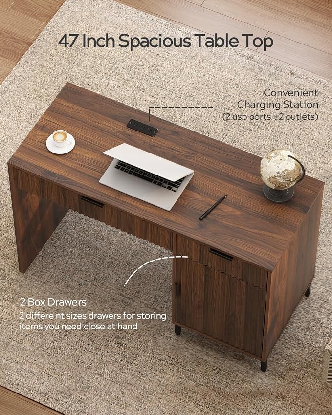 EYYTHUNG 47" Fluted Executive Desk, Modern Wood Home Office Desk with Charging Station, Drawer & Cabinet, Computer Writing Desk for Work Study, Brown