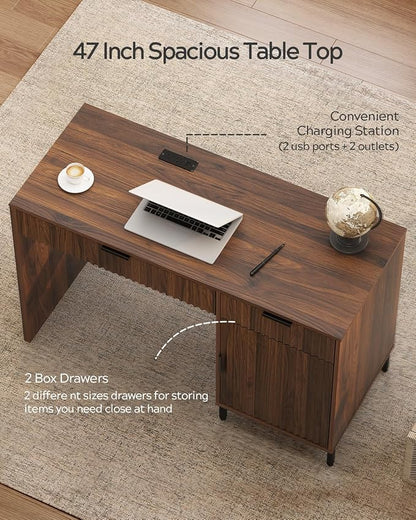 EYYTHUNG 47" Fluted Executive Desk, Modern Wood Home Office Desk with Charging Station, Drawer & Cabinet, Computer Writing Desk for Work Study, Brown