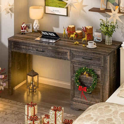 Vabches Farmhouse Executive Desk with Storage and Ample File Drawer, Rustic Large Home Writing Desk for Bedroom, Dark Oak