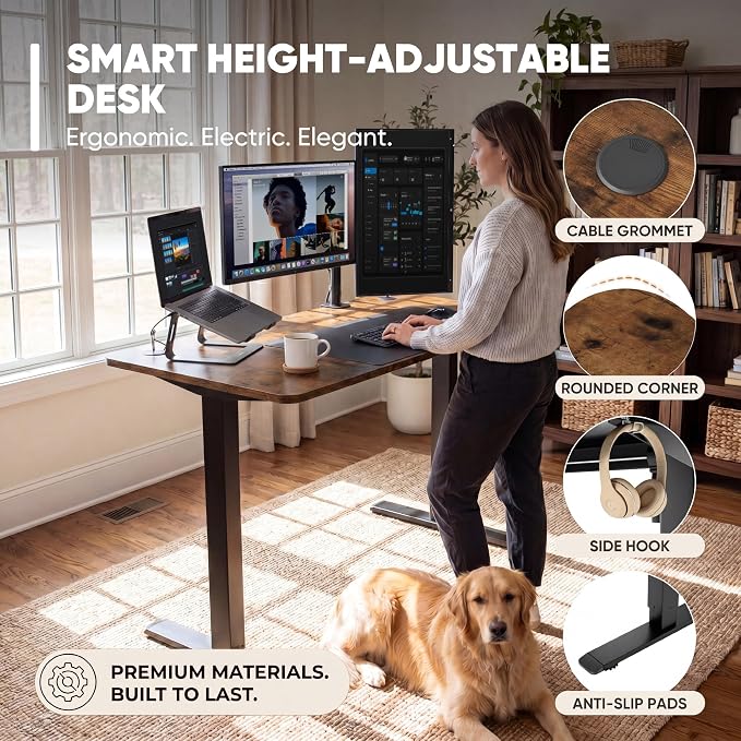 Furmax Electric Height Adjustable Standing Desk Large 48 x 24 Inches Sit Stand up Desk Home Office Computer Desk Memory Preset with T-Shaped Metal Bracke, Brown