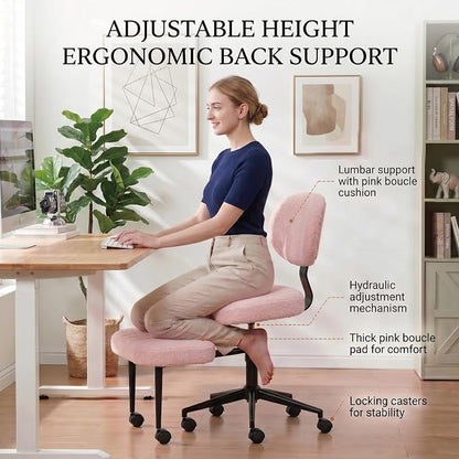 Cross Legged Office Chair with Wheels, 360 Swivel Height-Adjustable Meditation Chair with Lumbar Support, Pink