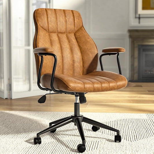 Brown Leather Office Chair, Mid Century Home Office Desk Chair | Ergonomic Curve Design, Removable Padded Arms, Height Adjustable Swivel Seat & Smooth Wheels, Vintage Mid-Back Computer Chair