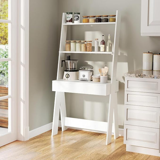 Tangkula Ladder Desk with Countertop & Drawer, Home Office Computer Laptop Table with Open Shelves & Anti-Tip Kits, Wall-Leaning Compact Working Station for Small Spaces (White)