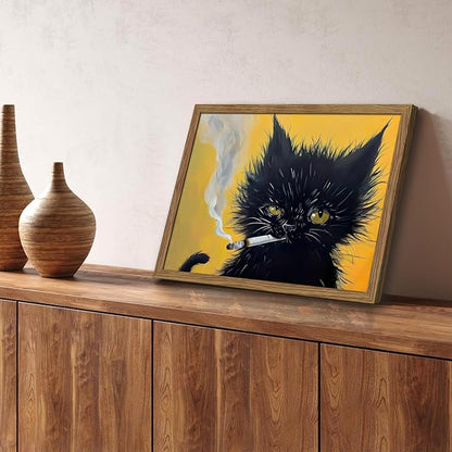 Vintage Black Cat Wall Art, Black Cat Painting Portrait Wall Decor, Mens Room Canvas Print Poster, Cool Animals Picture Art for Bathroom Decor 16x24 inch Wood Framed