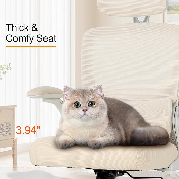 Ergonomic Office Chair,Home Mesh Office Desk Chairs,High Back Chair 330 LBS,Swivel Computer Task Chair with Adjustable Lumbar Support,Up&Down Flip-Up Arms,Rocking Function (Beige)