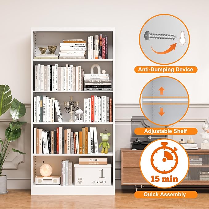 OSEILLC Bookcase,5 Tier White Bookshelves,55" Tall Free Standing Metal Bookcase with Adjustable Storage Shelves, Wide Bookshelf for Bedroom Living Room Home Office School (White)