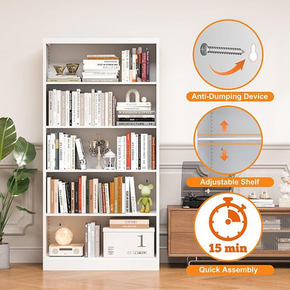OSEILLC Bookcase,5 Tier White Bookshelves,55" Tall Free Standing Metal Bookcase with Adjustable Storage Shelves, Wide Bookshelf for Bedroom Living Room Home Office School (White)
