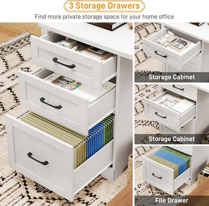 Vabches 59" L Shaped Executive Desk, Farmhouse Home Office Desk with File Drawer,Storage Cabinet, Wood Corner Sturdy Writing Workstation.Cream White