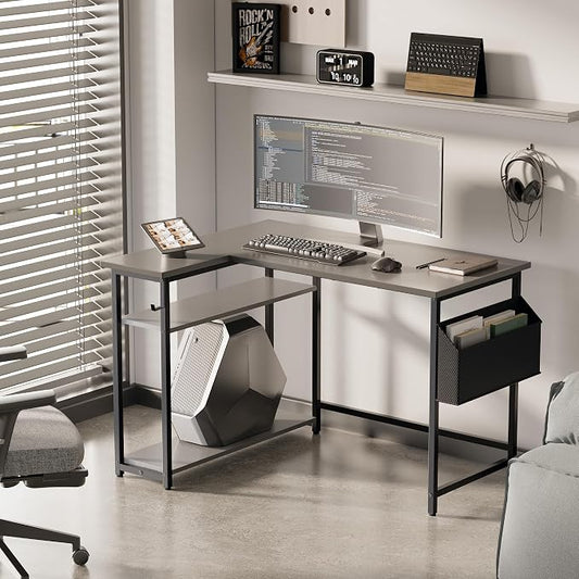 Pamray 40 Inch L Shaped Computer Desk with Reversible Side Storage Shelves, Small Corner Desk for Small Space Home Office, Writing Study Table PC Desk for Bedroom, Grey