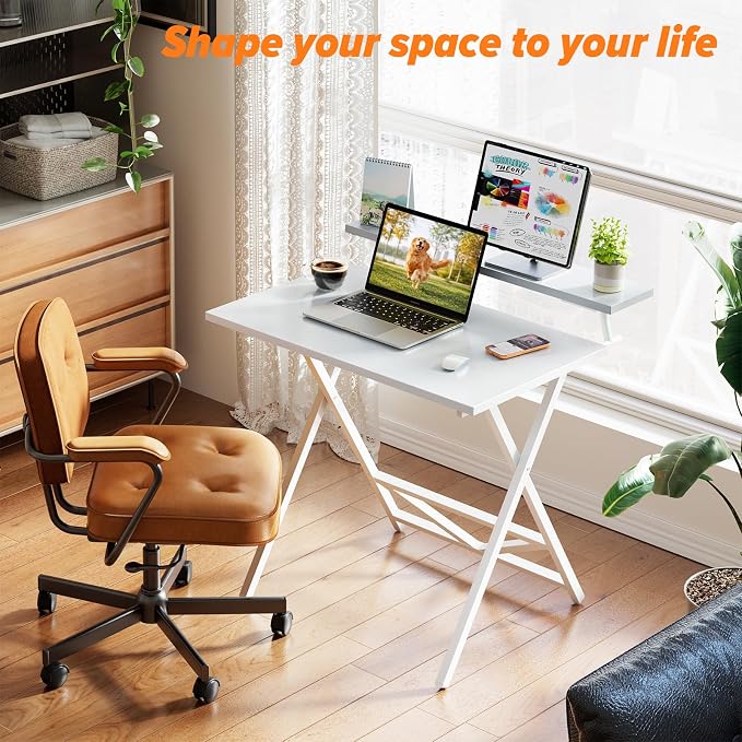 WOHOMO Folding Computer Desk with Adjustable Height, 23.6" x 31.5" x 25.6" Foldable Table with Monitor Stand, Small Office Desk for Bedroom, Space Saving Desk for Home Office, Easy Assemble, White