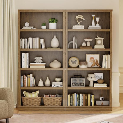 blini Wooden Bookshelf and Bookcase 5-Shelf Double Wide Large Bookshelves Vintage Oak Bookcase Tall Bookshelf for Living Room, Home Office, Library (Vintage Oak, 5-Shelf)