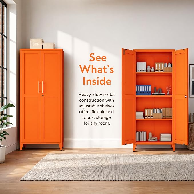 Metal Storage Cabinet with Lock,Orange Steel Tool Cabinet with 3 Adjustable Shelves,61 Tall Freestanding Heavy Duty Garage Locker for Home Office Kitchen 61" H X 27.6" W X 13.8" D