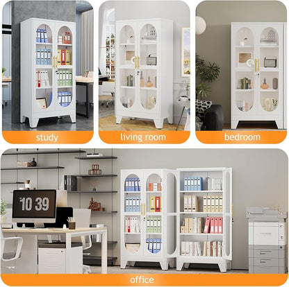 PAOFIN 61" H Locking Display Cabinet with Glass Door, Metal Cabinets with 3 Adjustable Shelves, Cabinet Display Case for Living Room, Collectibles, Clinic, Home - Assembly Required White