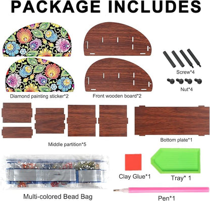 Diamond Painting Storage Box, DIY 5D Floral Leaf Design Multi-Compartment Wooden Diamond Art Organizer for Makeup Brushes Pens TV AC Remotes Desktop Tabletop Decoration