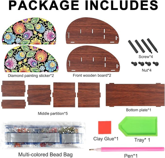 Diamond Painting Storage Box, DIY 5D Floral Leaf Design Multi-Compartment Wooden Diamond Art Organizer for Makeup Brushes Pens TV AC Remotes Desktop Tabletop Decoration