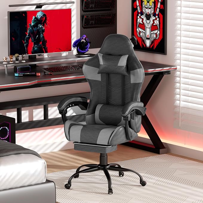 Gaming Chair with Footrest, Ergonomic Video Game Chair with Headrest and Lumbar Support, 400 lbs Adult Chair, Height Adjustable 360° Swivel High Back Reclining Computer Chair for Home Office (Grey)